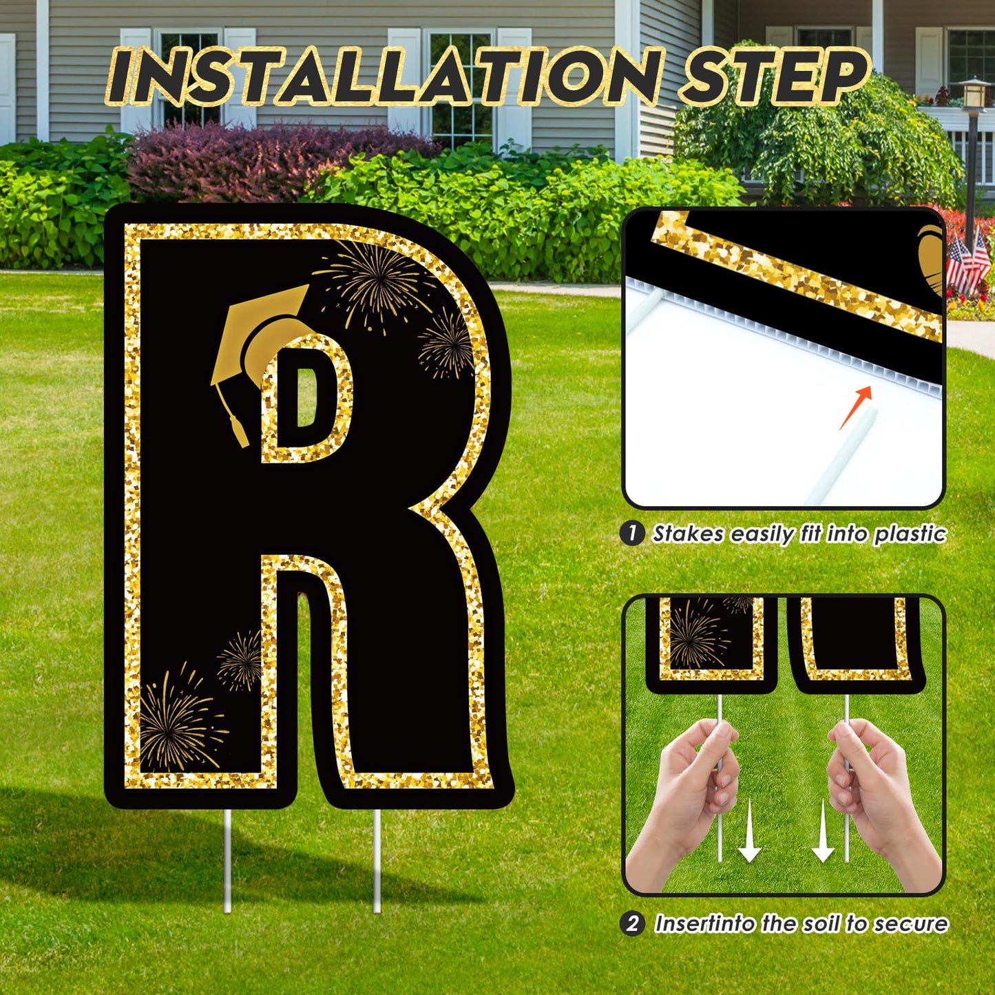 15 Pieces Graduation Decorations 2025 Outdoor Yard Sign, Class of 2025 Congrats Grad Yard Sign with 30 Stakes for Graduation Party Garden Lawn Decoration Supplies(Black Gold)