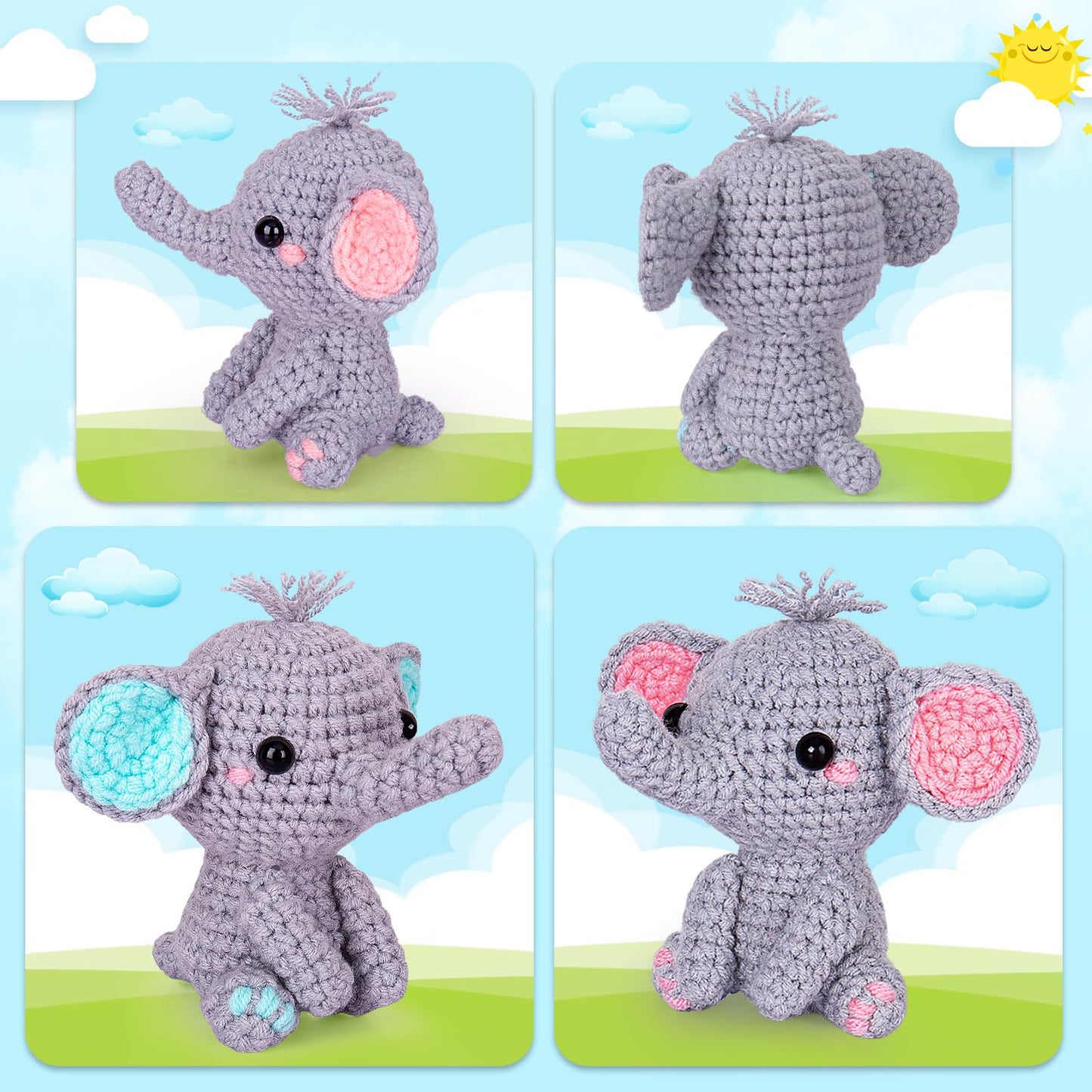 Crochet Kit for Beginners, Beginner Crochet Starter Kit with Step-by-Step Video Tutorials, Learn to Crochet Kits for Adults Kids, DIY Knitting Supplies, 2 Pack Elephant Family (40%+ Yarn)