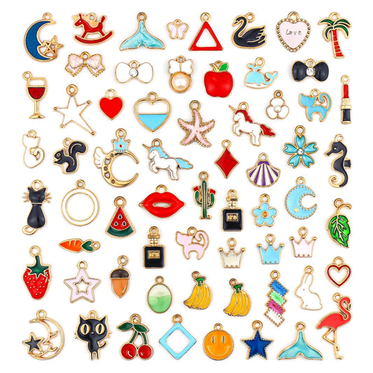 60PCS Assorted Gold Plated Enamel Animal Moon Star Fruit Charm Pendant DIY for Necklace Bracelet Jewelry Making and Crafting