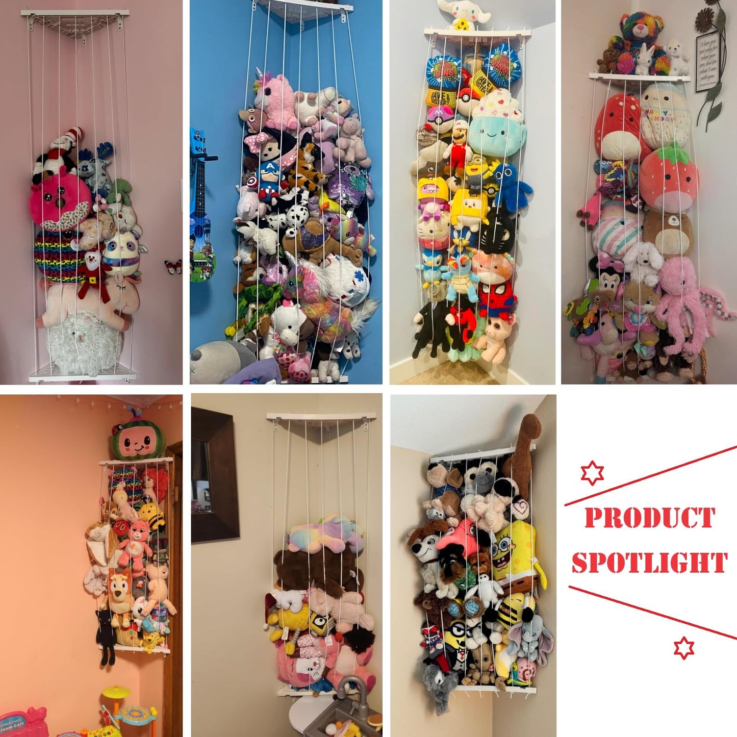 Stuffed Animal Storage Toy Organizer(Patented) - Corner Stuffed Animal Holder Length Adjustable - Wall Hanging Stuffed Animal Net Plush Storage for Nursery Playroom Bedroom Kids Room Decro(White)