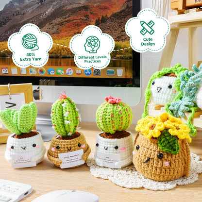 Crochet Kit for Beginners with Step by Step Video Lessons | 6 PC Potted Plants and Succulent Family Crochet Kit with Accessories (40%+ Yarn)