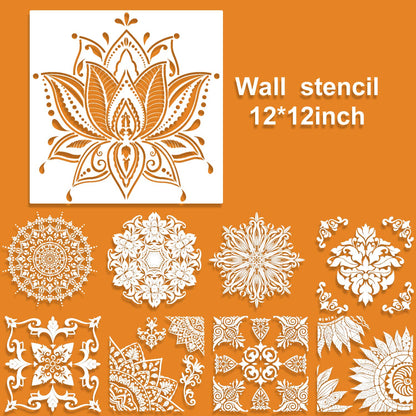 9 Pack (12x12 Inch) Large Reusable Stencil Mandala Stencil Laser Cut Painting Template for Floor Wall Tile Fabric Furniture Stencils Painting