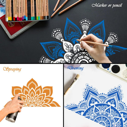18x10 Inch Mandala Stencil Reusable Painting Templates - Floral Design Drawing Craft for DIY Wall, Tile, Furniture, Canva, Outdoor Indoor Decoration - 4 PCS