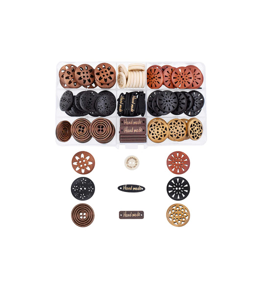 Large Wooden Buttons for Crafts - 100 Assorted Carved Natural Wood Sewing Buttons in Bulk for Clothing, Sweaters, Embellishments, and DIY Decorative Projects