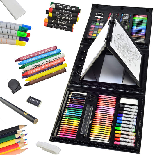 185 Pieces Double Sided Trifold Easel Art Set, Drawing Art Box with Oil Pastels, Crayons, Colored Pencils, Markers, Paint Brush, Watercolor Cakes, Sketch Pad
