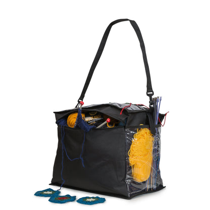 Knitting Organizer By Besti: Portable Knitting Yarn Storage Bag With Multiple Pockets, Individual Compartments, Carrying Shoulder Strap - Clear Plastic Tote Bag For Needles, Crochets & Threads (Black)