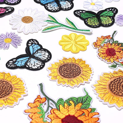 35 Pieces Embroidered Iron on Patch, Sunflowers Butterfly Daisy Flower Iron on Patches Set, Sew On/Iron on Patch Applique for Clothes, Dress, Hat, Jeans, DIY Accessories