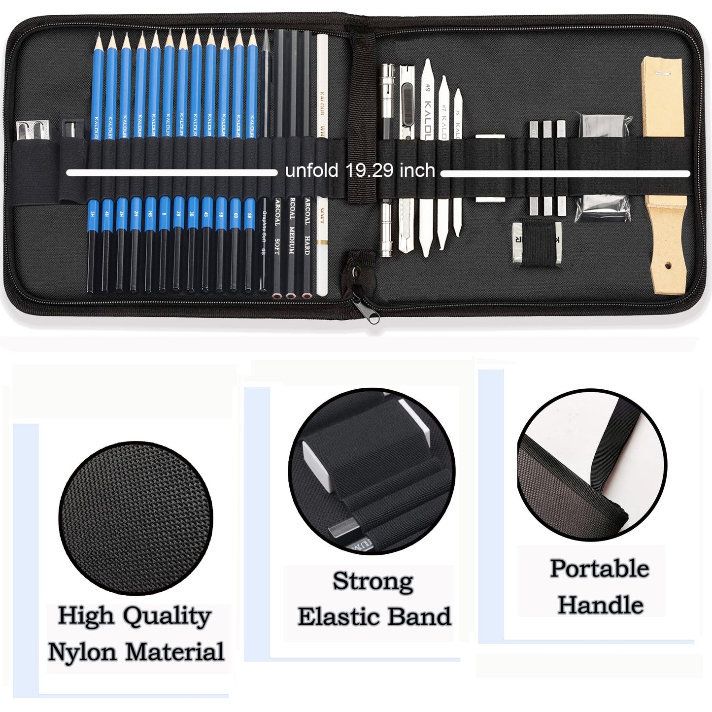 33 Pieces Pro Drawing Kit Sketching Pencils Set,Portable Zippered Travel Case-Charcoal Pencils, Sketch Pencils, Charcoal Stick,Sharpener,Eraser.Art Supplies for Artists Beginner Adults Teens
