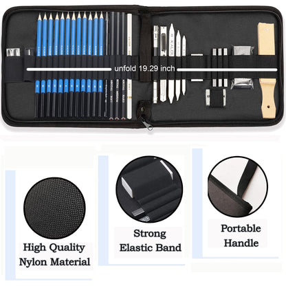 33 Pieces Pro Drawing Kit Sketching Pencils Set,Portable Zippered Travel Case-Charcoal Pencils, Sketch Pencils, Charcoal Stick,Sharpener,Eraser.Art Supplies for Artists Beginner Adults Teens