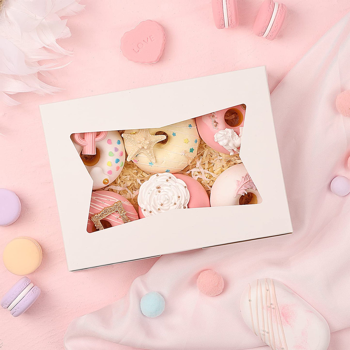 24pcs Cookie Boxes with with 3 Style Window, 8x6x2.5 Bakery Boxes for Candies, Chocolate Strawberries, Cakes, Muffins, Donuts