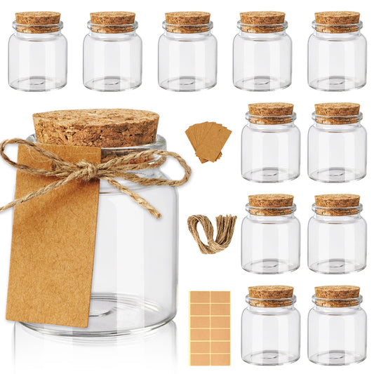 12 Pack Mini Jars with Lids, 1.7OZ Small Glass Bottles with Cork Tag Label and Twine, Versatile Small Glass Jars for Candy Potion Spice DIY Crafts Gift Birthday Wedding Party Decorations