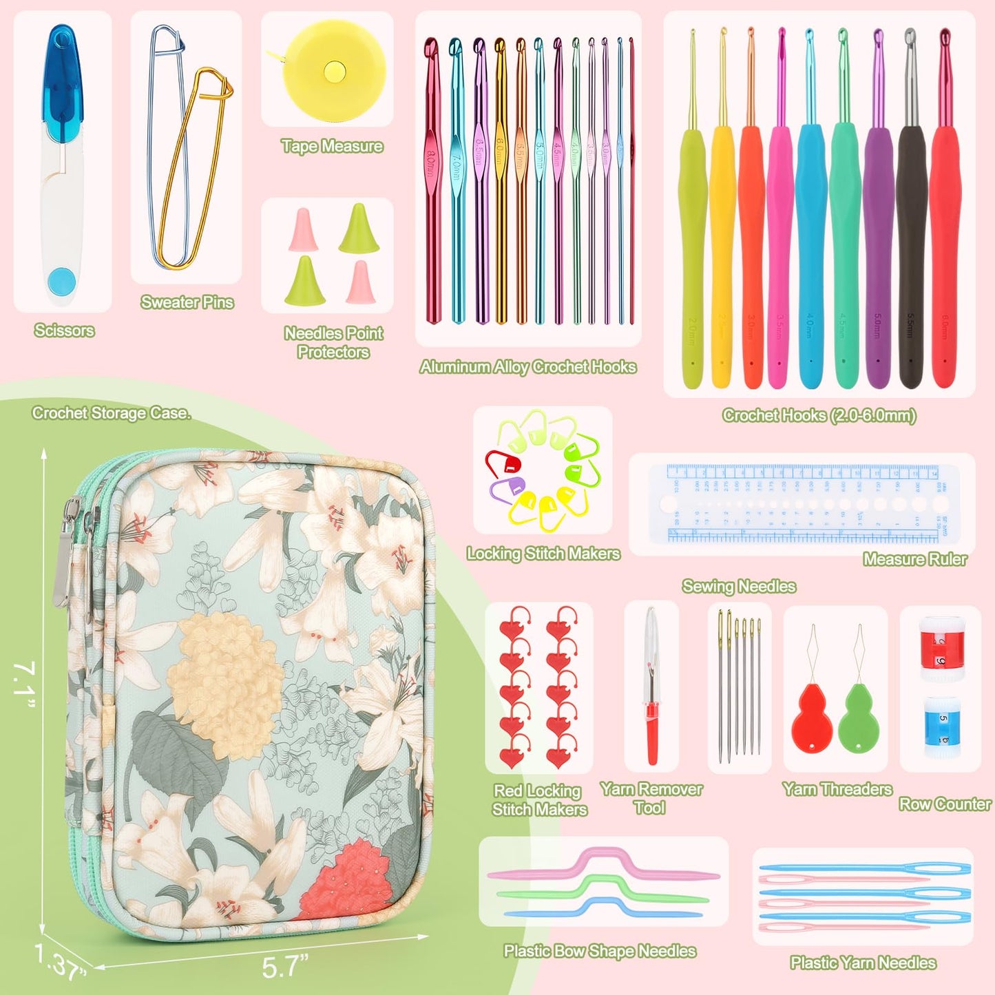 Crochet Hooks Set with Crochet Case, 73 pcs Knitting Accessories Ergonomic Crochet Hook for Making Bag, Glovers, Sock, Colorful Soft Handle Knitting Needles Kits DIY Hand Tool