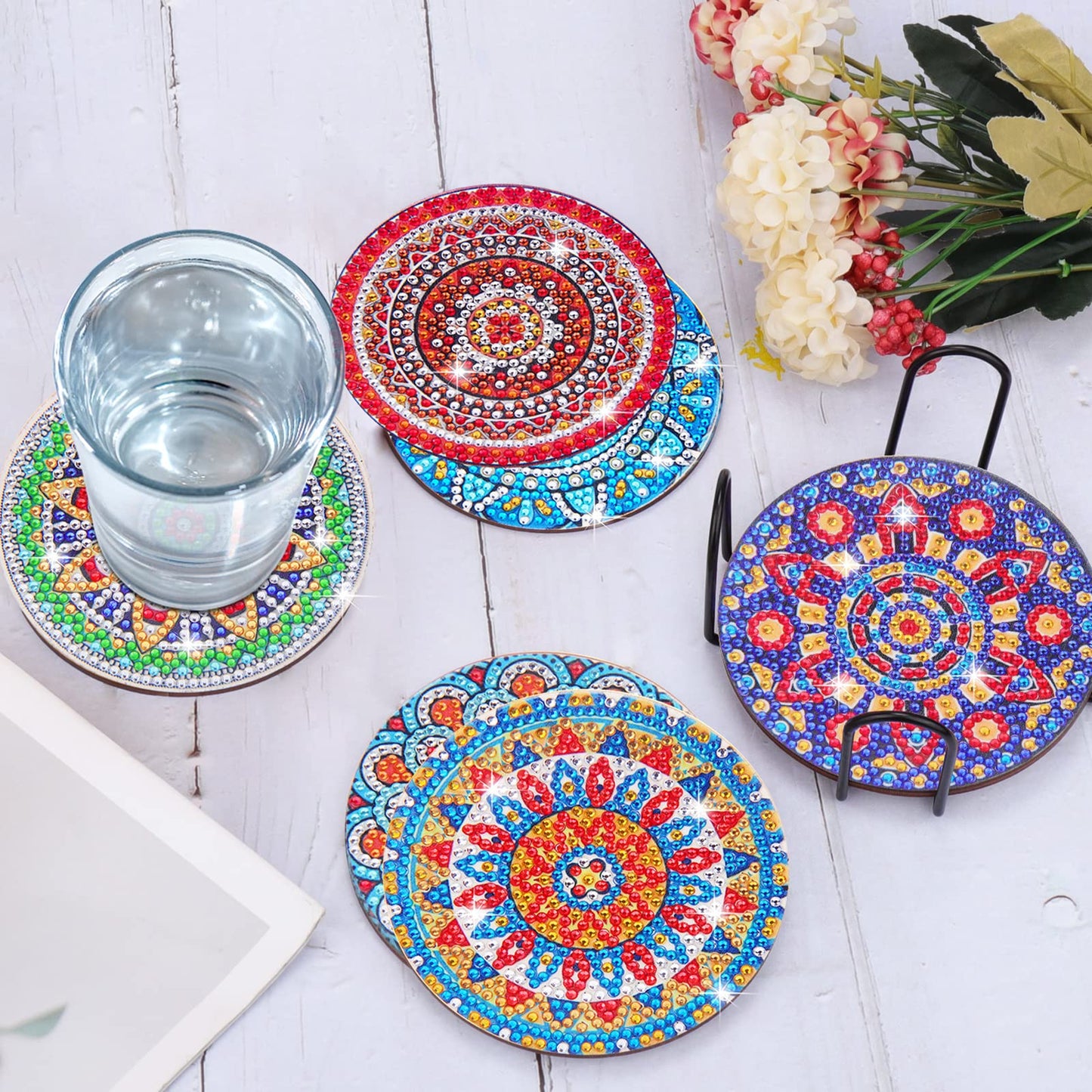 8 Pcs Coasters with Holder, Mandala DIY Diamond Art Crafts for Adults, Small Diamond Painting Kits Accessories