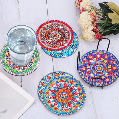 8 Pcs Coasters with Holder, Mandala DIY Diamond Art Crafts for Adults, Small Diamond Painting Kits Accessories