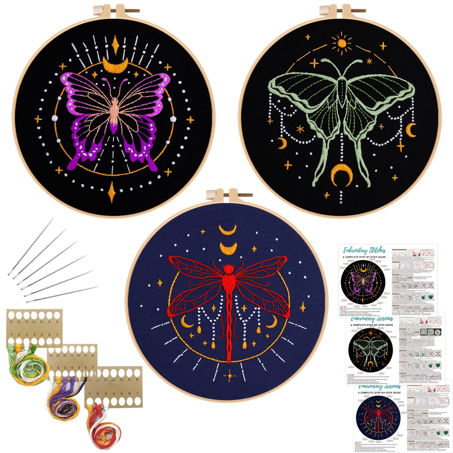 3 Set Tarot Embroidery Kits for Beginners with Moon Butterfly Dragonfly and Moth Pattern,Adults Starter Cross Stitch Kit DIY Needlepoint