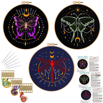 3 Set Tarot Embroidery Kits for Beginners with Moon Butterfly Dragonfly and Moth Pattern,Adults Starter Cross Stitch Kit DIY Needlepoint