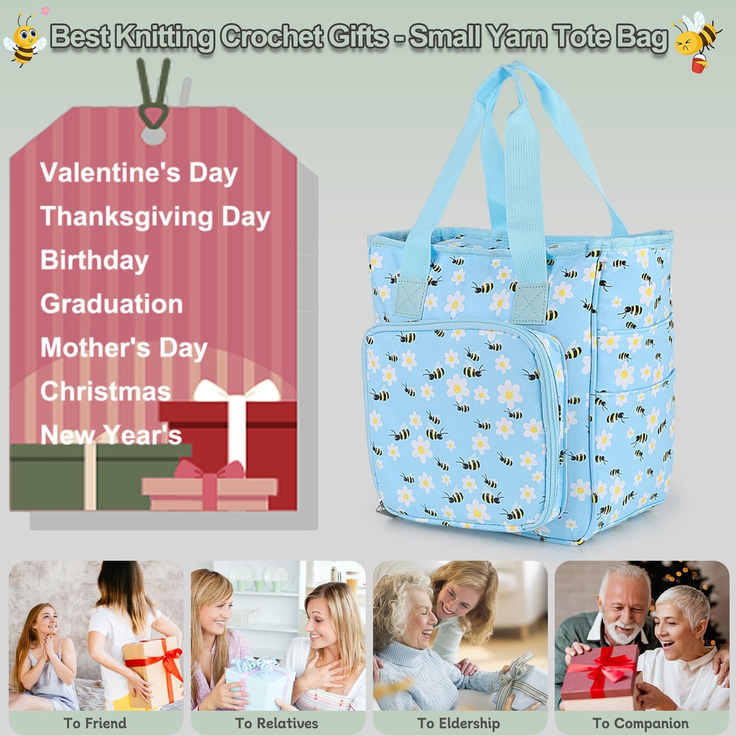 Portable Crochet Bag Organizer, Yarn Storage Organizers and Storage Organized for Crochet Hooks, Knitting Needles, Skeins of Yarn, Knitting & Crochet Supplies, Bees & Flowers (No Accessories)