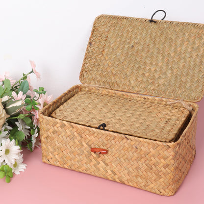 Wicker Shelf Baskets with Lid,Handwoven Seagrass Basket for Storage Basket Bins Rectangular Home Organizer Gift Boxes (Natural Small)