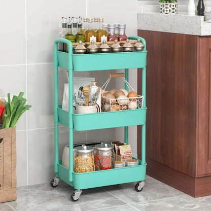 3-Tier Plastic Rolling Utility Cart with Handle, Multi-Functional Storage Trolley for Office, Living Room, Kitchen, Movable Storage Organizer with Wheels, Green