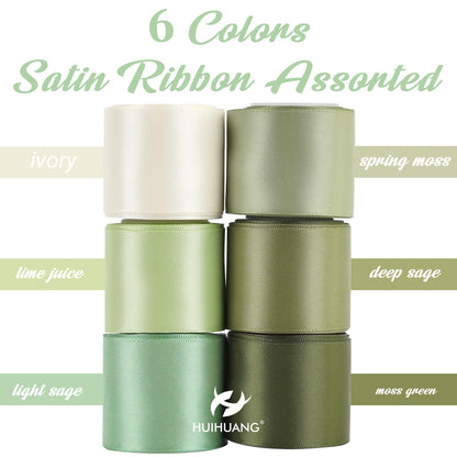Green Satin Ribbon 1-1/2 inch Ivory/Sage Green/Dusty Sage/Moss Green Double Face Satin Ribbons for Flower Bouquet, Gift Wrapping, Bows, Crafts, Eternal Rose- Total 30 Yards