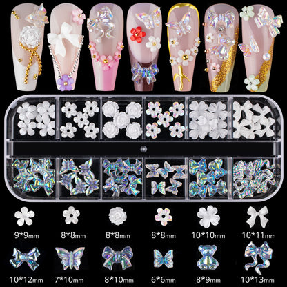 Mixed 3D Nail Art Gem Decoration Accessories Kit #1, Aurora Bear Bow Butterfly Starry AB Rhinestone Charm Jewelry for Deco, Pearl Flower Caviar Bead Stone Crystal with Dual-End Brush and Tweezer
