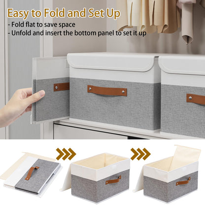 Storage Boxes with Lids, Linen Fabric Bin, Cube Organizer Basket, Washable and Leather Handle, for Home, Closet, White/Grey, 15.0''Lx9.8''Wx9.8''H, 1-Pack, USNK024WGL-1