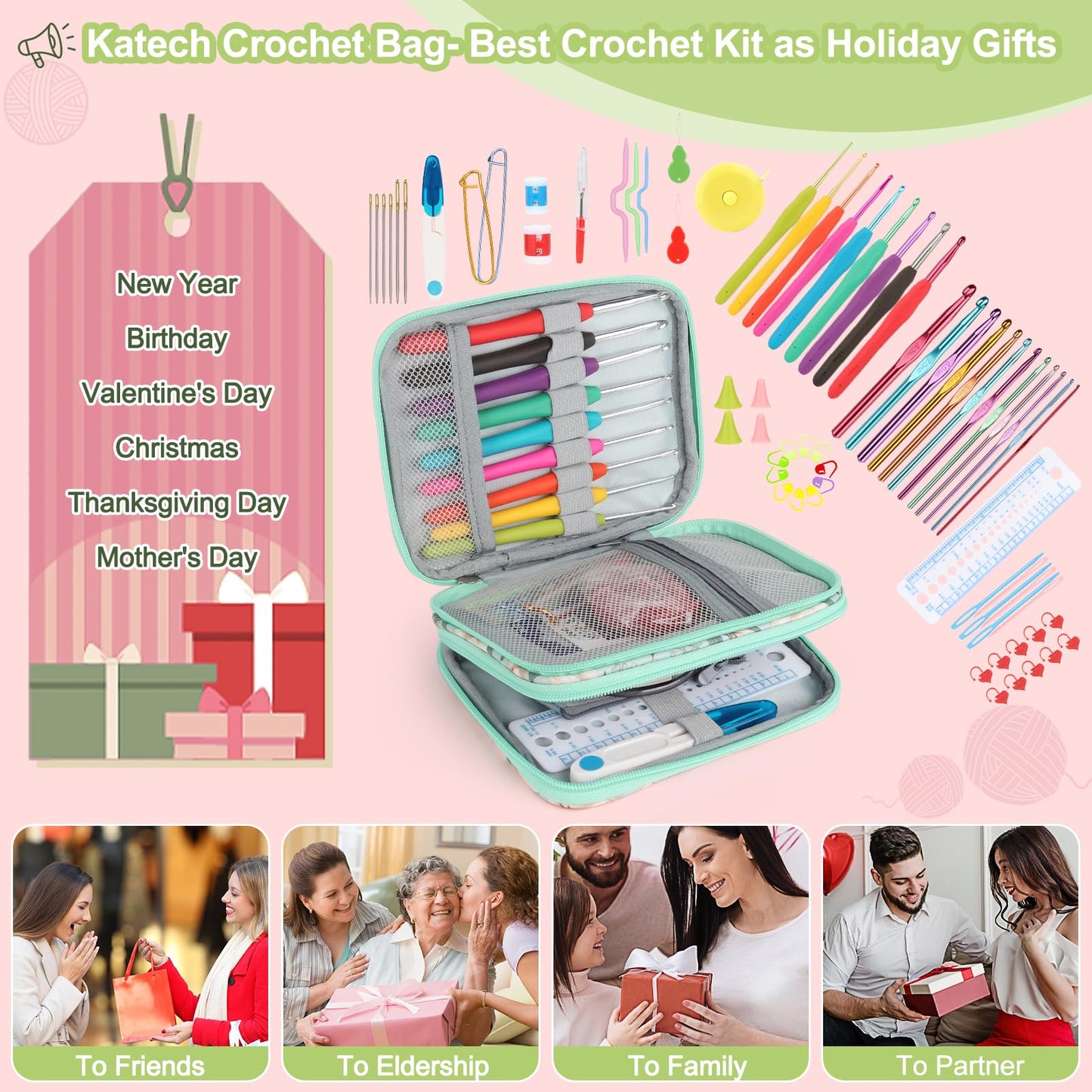 Crochet Hooks Set with Crochet Case, 73 pcs Knitting Accessories Ergonomic Crochet Hook for Making Bag, Glovers, Sock, Colorful Soft Handle Knitting Needles Kits DIY Hand Tool