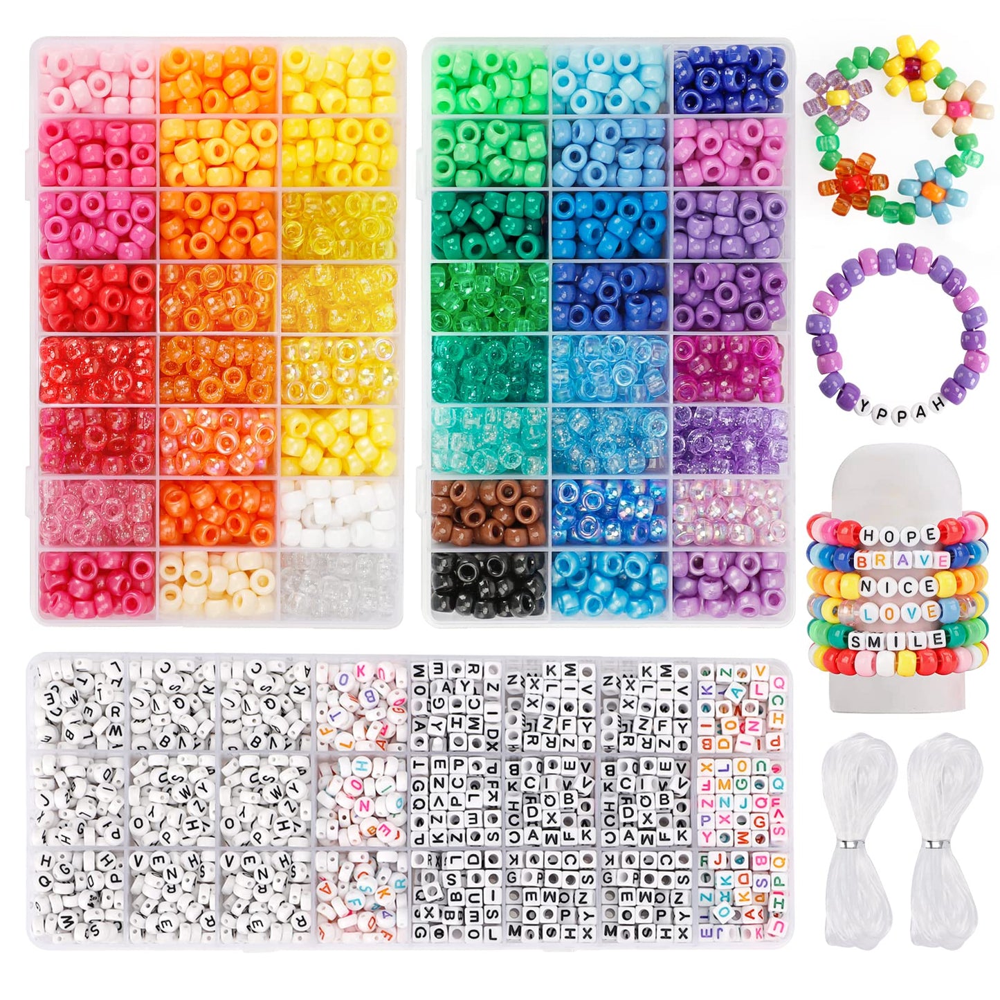 3960pcs Pony Beads for Friendship Bracelet Making Kit 48 Colors Kandi Beads Set, 2400pcs Plastic Rainbow Bulk and 1560pcs Letter Beads with 20 Meter Elastic Threads for Craft Jewelry Necklace
