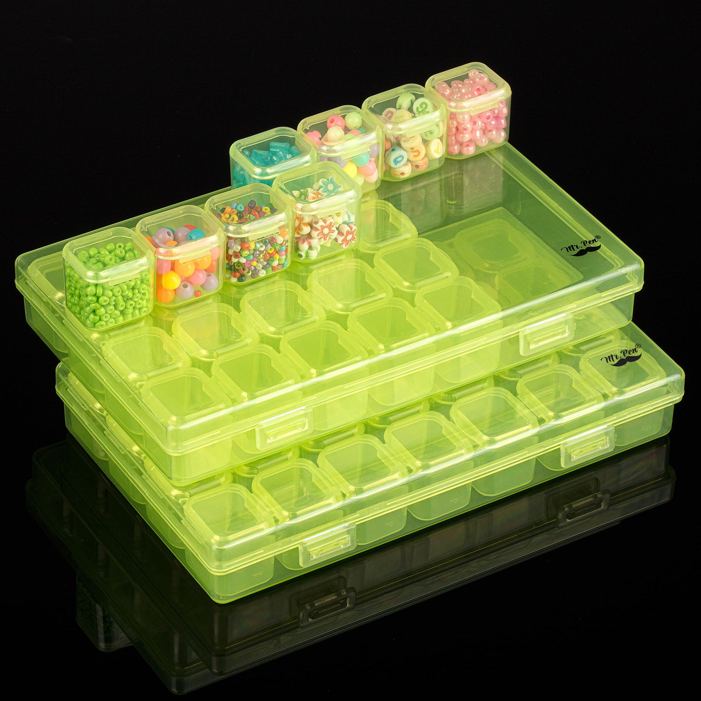 Bead Storage Containers, 28 Grids, 2 Pack, Transparent Green Small Bead Organizer Box