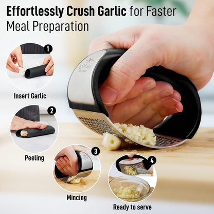 Stainless Steel Garlic Press Rocker Set - Premium Garlic Mincer Garlic Crusher - New Innovative Garlic Crusher with Peeler and Scraper - Comfortable Grip (Black) & Organizer Storage Tote Bag