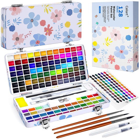 128 Colors Washable Watercolor Paint Set with 4 Brushes, Portable Travel Water Color Kit with Carrying Case, Palette and Accessories, Non-Toxic Art Supplies Gift for Artists Adult Teen Kids Girls Boys