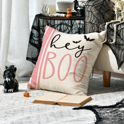 Halloween Hey Boo Cute Ghost Spooky Pink Throw Pillow Covers, 18 x 18 Inch Horror Scary Cushion Case for Sofa Couch Set of 4