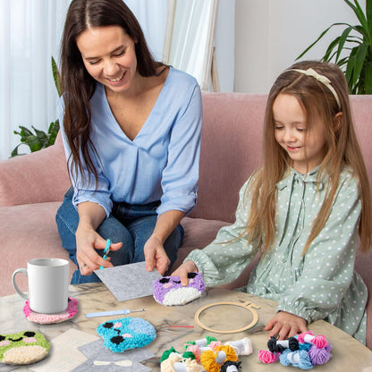 Frog Punch Needle Coaster Kit - 22Pcs Crafts Punch Needle Coasters Kits for Beginners, 6 Colors Frog Coaster Tufted Rug Pads with Adhesive Felt Yarns Embroidery Hoop Instruction