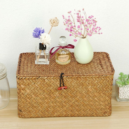 Large Square Sea Grass Baskets for Storage Seaweed Woven Sundries Baskets Sturdy and Durable Natural Material for Make-up with Lid Big Rectangular Seagrass Towel Baskets for Organizing