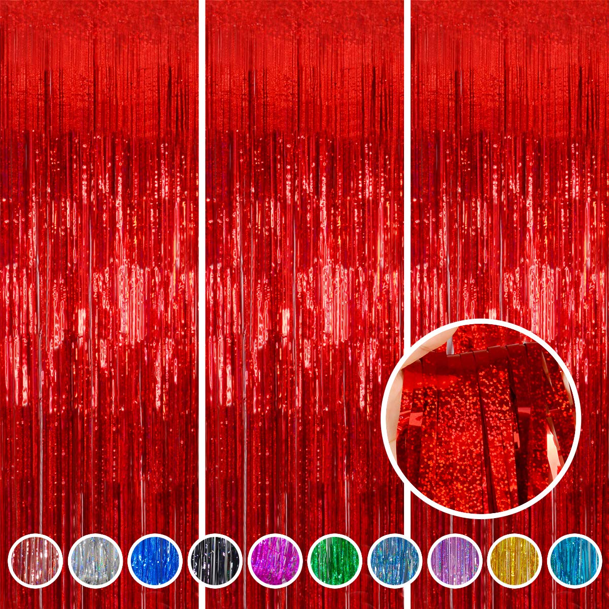 Foil Fringe Curtains Red Streamers Party Decorations - Melsan 3 Pack 3.2 x 8.2 ft Red Tinsel Curtain Party Photo Backdrop for Birthday Party Baby Shower or Graduation Decorations