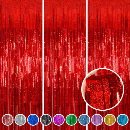 Foil Fringe Curtains Red Streamers Party Decorations - Melsan 3 Pack 3.2 x 8.2 ft Red Tinsel Curtain Party Photo Backdrop for Birthday Party Baby Shower or Graduation Decorations