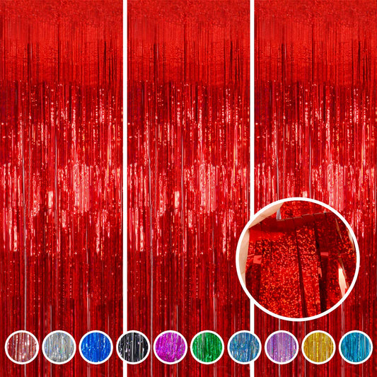 Foil Fringe Curtains Red Streamers Party Decorations - Melsan 3 Pack 3.2 x 8.2 ft Red Tinsel Curtain Party Photo Backdrop for Birthday Party Baby Shower or Graduation Decorations