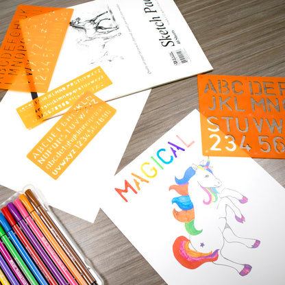 Letter Stencil Sets, Sizes 8 10 20 30 mm, Letters Number Mathematics Sign, Clear Plastic Stencils, 1-Pack