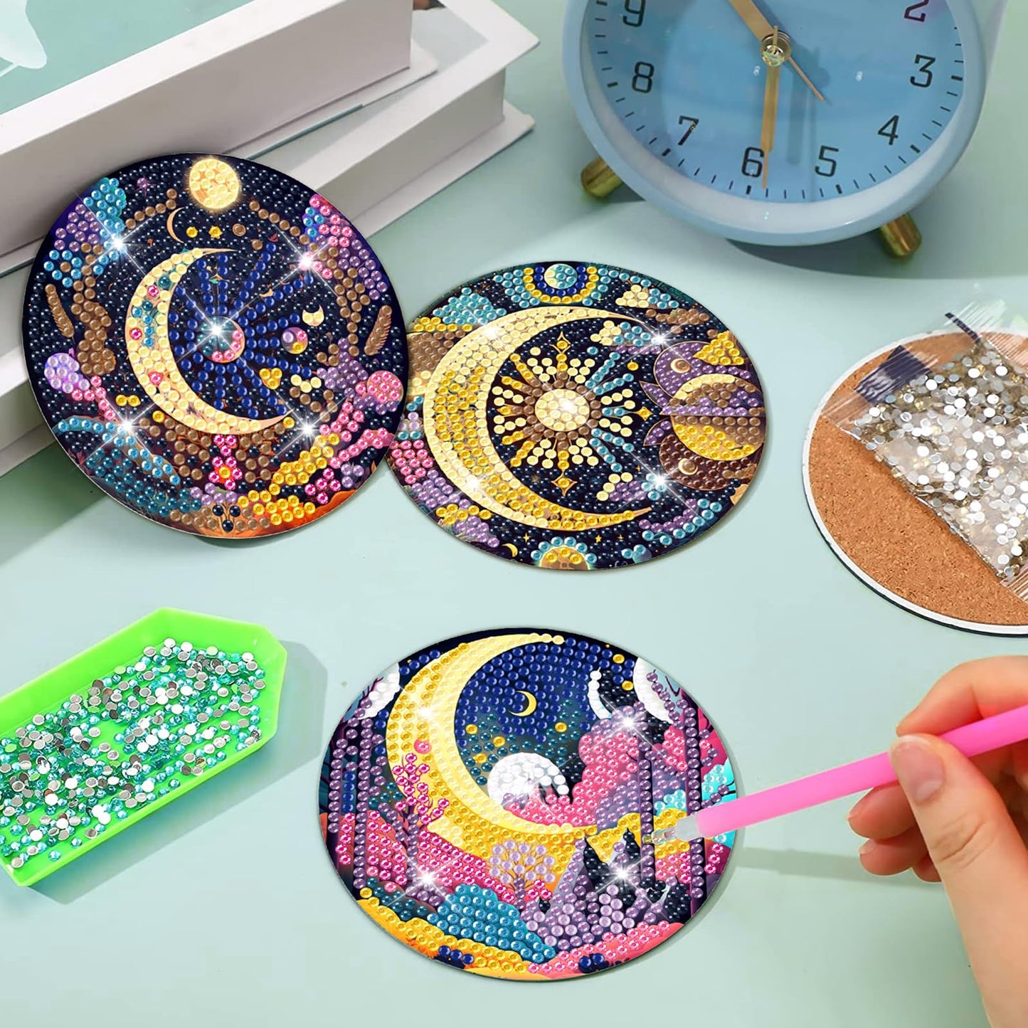 8 PCS Mystical Moon Diamond Art Coasters Diamond Art Coasters Kits with Holder Mystical Moon DIY Coasters for Beginners, Adults, Kids, Diamond Art Crafts Supplies