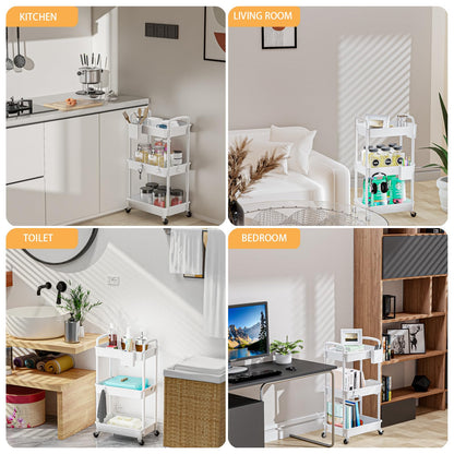3 Tier Rolling Utility Cart with Handle,REBECAT Utility Cart Made of Multifunctional Storage Organizer Tool for Kitchen,Bathroom,Living Room,Office(White)