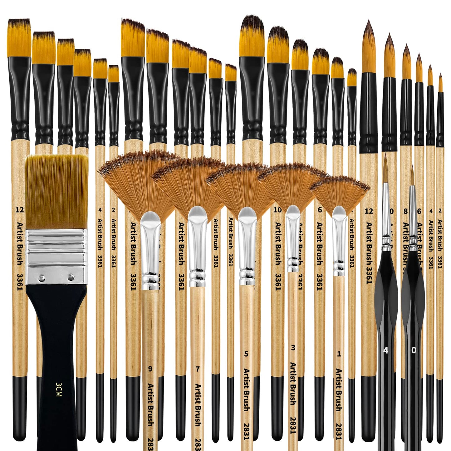32 Pieces Paint Brush Set, Artist Series, Nylon Bristles with Round, Filbert, Flat, Fan, Angle, Detail Brush, Suitable for Artists and Beginners for Acrylic Painting, Oil, Watercolor, Gouache