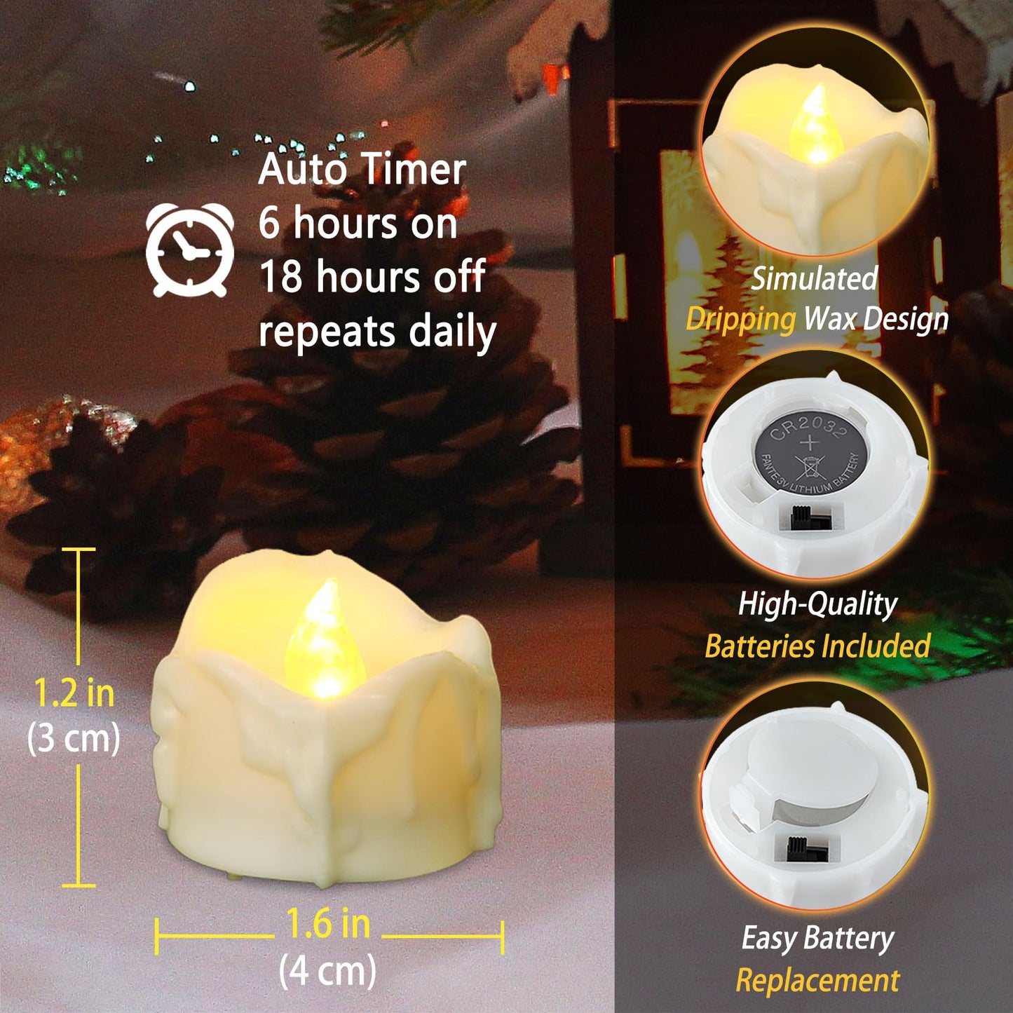 12 Pack Timer Tea Lights Candles Battery Operated, Flameless Flickering LED Timer Votive Tealight, Outdoor Flicker Electric Fake Candles Bulk for Christmas Halloween Pumpkin Light Decorations