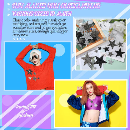 60 Pcs Iron on Star Patches Star Shaped Rhinestone Appliques Adhesive Glitter Patches Rhinestone Appliques Embellishments for DIY(Black, Gray)