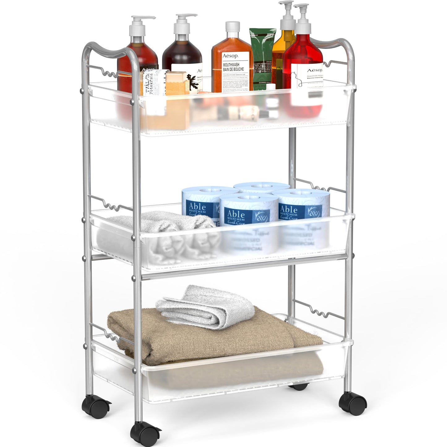 3 Tier Metal Rolling Storage Utility Cart with Wheels, Silver