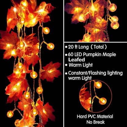 2 Pack Fall Garland with Pumpkin Lights Fall Decorations for Home 60 LED 20 Ft Enlarged Maples Leaves Fall Lights Battery Operated Thanksgiving Halloween Pumpkin Decorations Home Indoor Outdoor Party