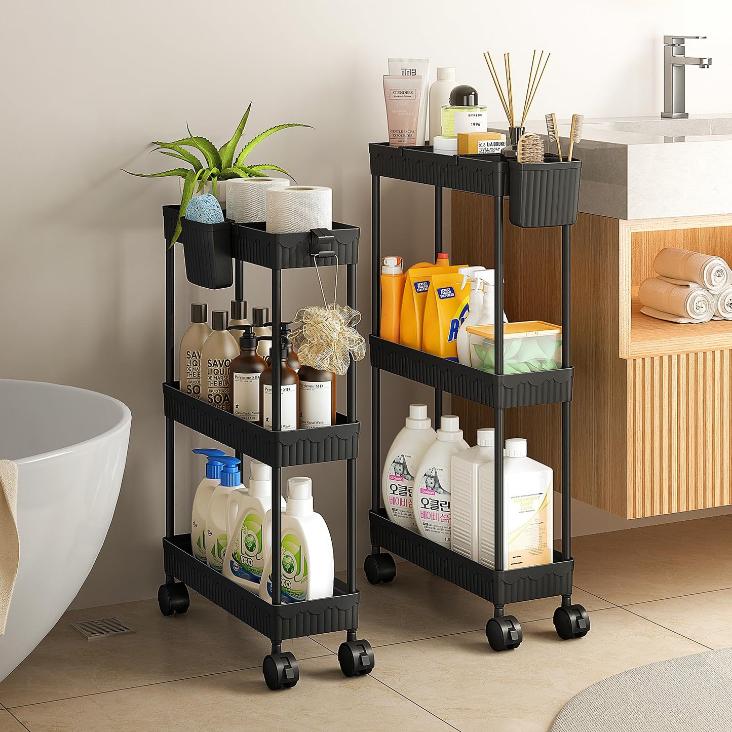 2-Pack Slim Storage Rolling Cart with Wheels, 3 Tier Utility Carts Bathroom Organizers and Storage, for Kitchen Narrow Place, Freely Combined into 3/4/5/6 Tier Shelves (Black, 3 Tier)