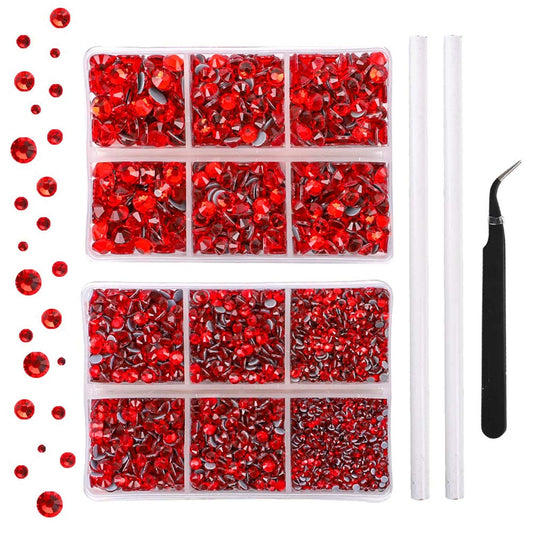 5040pcs Red Flatback Rhinestones for Crafting, Crystal Round Gems for Nail Art DIY, Halloween Clothes Bags, 6 Mixed Size Hotfix With Tweezers and Picking Pen