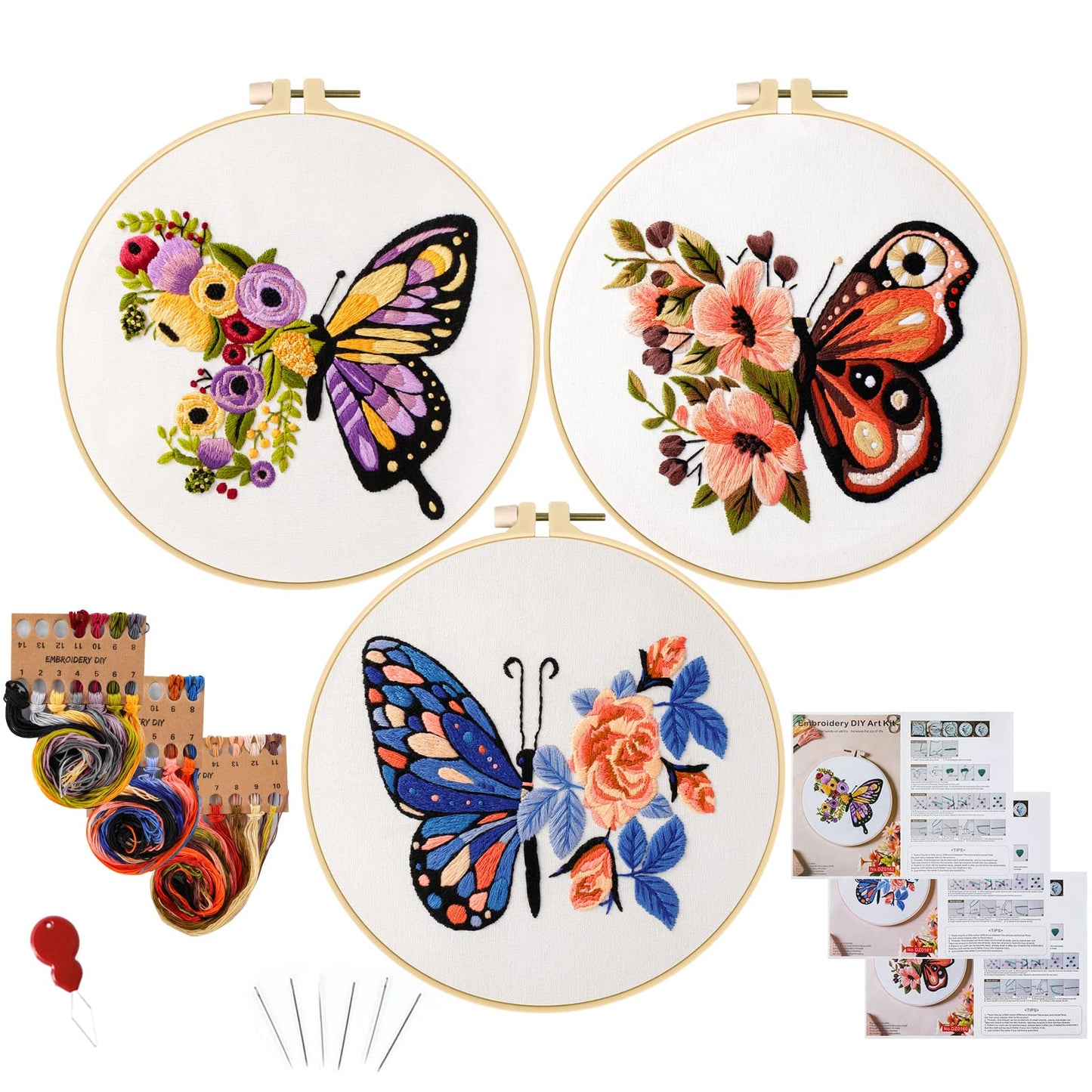 3 Sets Butterfly Embroidery Kit for Beginners Adults, Stamped Cross Stitch Kits for Beginners Include Embroidery Fabric Embroidery Hoop Threads and Needles