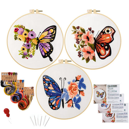 3 Sets Butterfly Embroidery Kit for Beginners Adults, Stamped Cross Stitch Kits for Beginners Include Embroidery Fabric Embroidery Hoop Threads and Needles