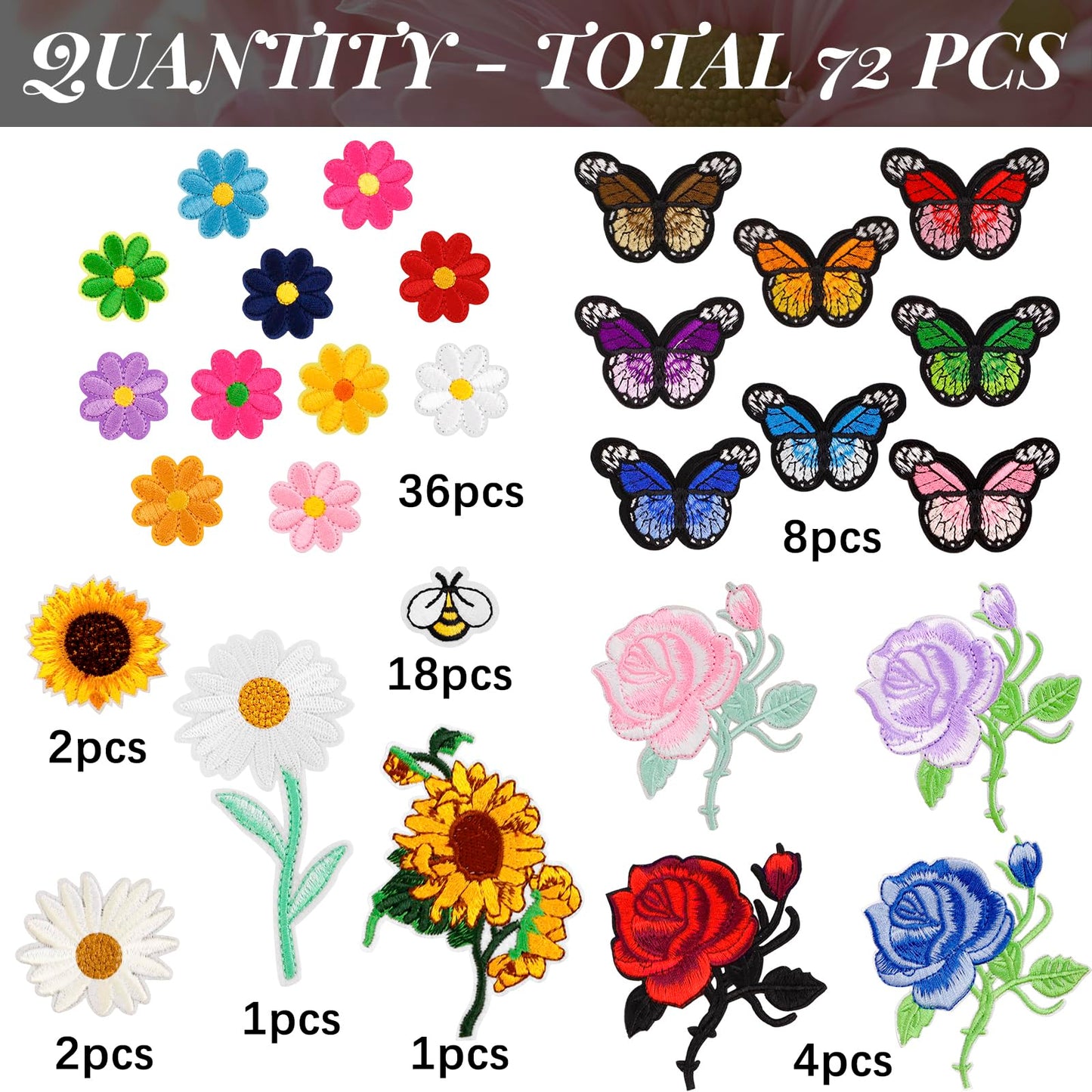 72 Pcs Embroidered Iron On Patches for Clothing, Butterfly Flower Iron On Patches Set, Bee Rose Daisy Embroidered Patches, Applique Patches for Clothes, Jackets, Jeans, Backpacks